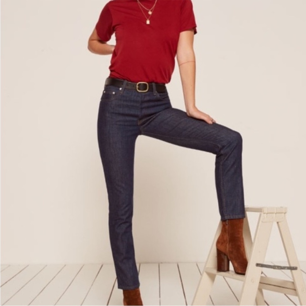 Reformation Winona Distressed Mid Rise Slim Jeans in Volta Wash 28